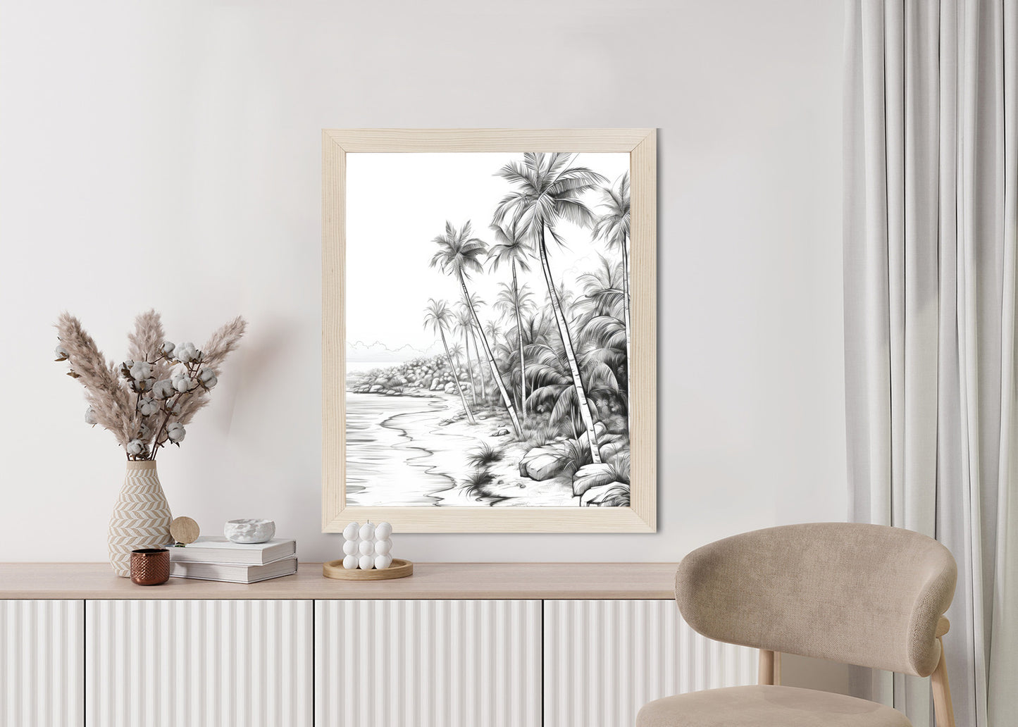 Poster Tropischer Strand Mit Palmen Und Sandiger Meeresküste Rahmen Holz Mit Passepartout Farbe Natürlich