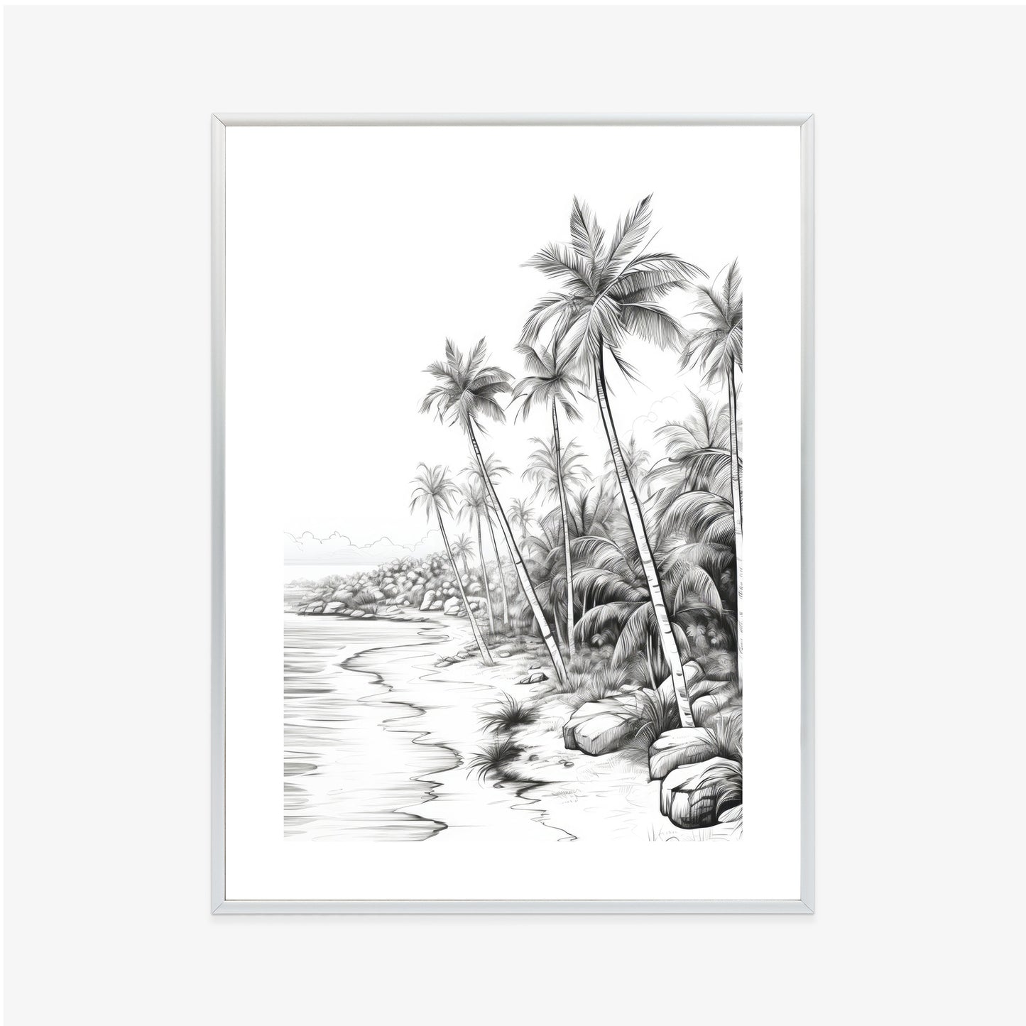 Poster Tropischer Strand Mit Palmen Und Sandiger Meeresküste Rahmen Holz Mit Passepartout Farbe Natürlich