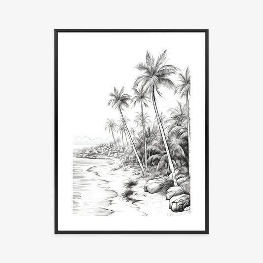 Poster Tropischer Strand Mit Palmen Und Sandiger Meeresküste Rahmen Holz Mit Passepartout Farbe Natürlich