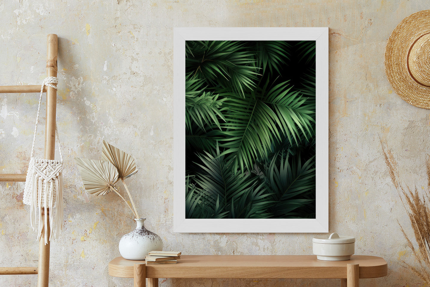 Poster Dunkle Bambusblätter Rahmen Holz Mit Passepartout Farbe Natürlich