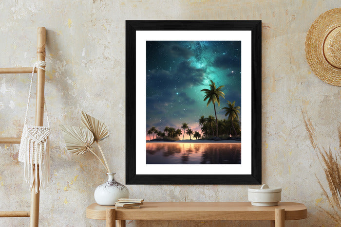 Poster Sternenstrand Auf Einer Tropischen Insel Mit Palmen Rahmen Holz Mit Passepartout Farbe Weiß