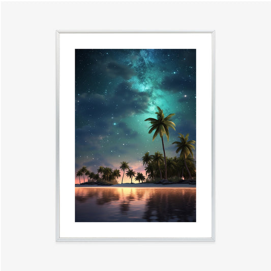 Poster Sternenstrand Auf Einer Tropischen Insel Mit Palmen Rahmen Holz Mit Passepartout Farbe Weiß