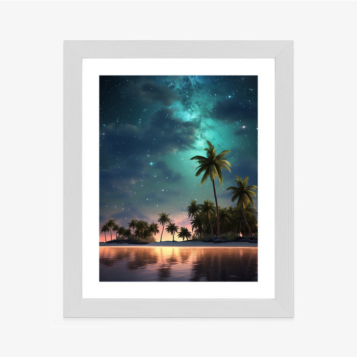 Poster Sternenstrand Auf Einer Tropischen Insel Mit Palmen Rahmen Holz Mit Passepartout Farbe Weiß