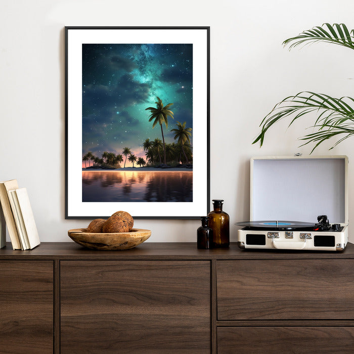 Poster Sternenstrand Auf Einer Tropischen Insel Mit Palmen Rahmen Holz Mit Passepartout Farbe Weiß