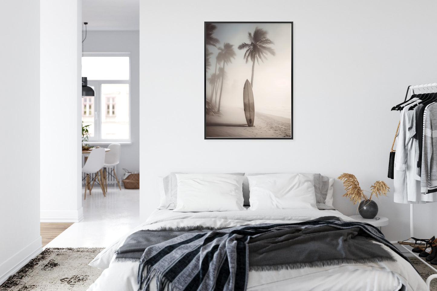 Poster Surfbrett Am Strand Mit Palmen Rahmen Holz Mit Passepartout Farbe Natürlich