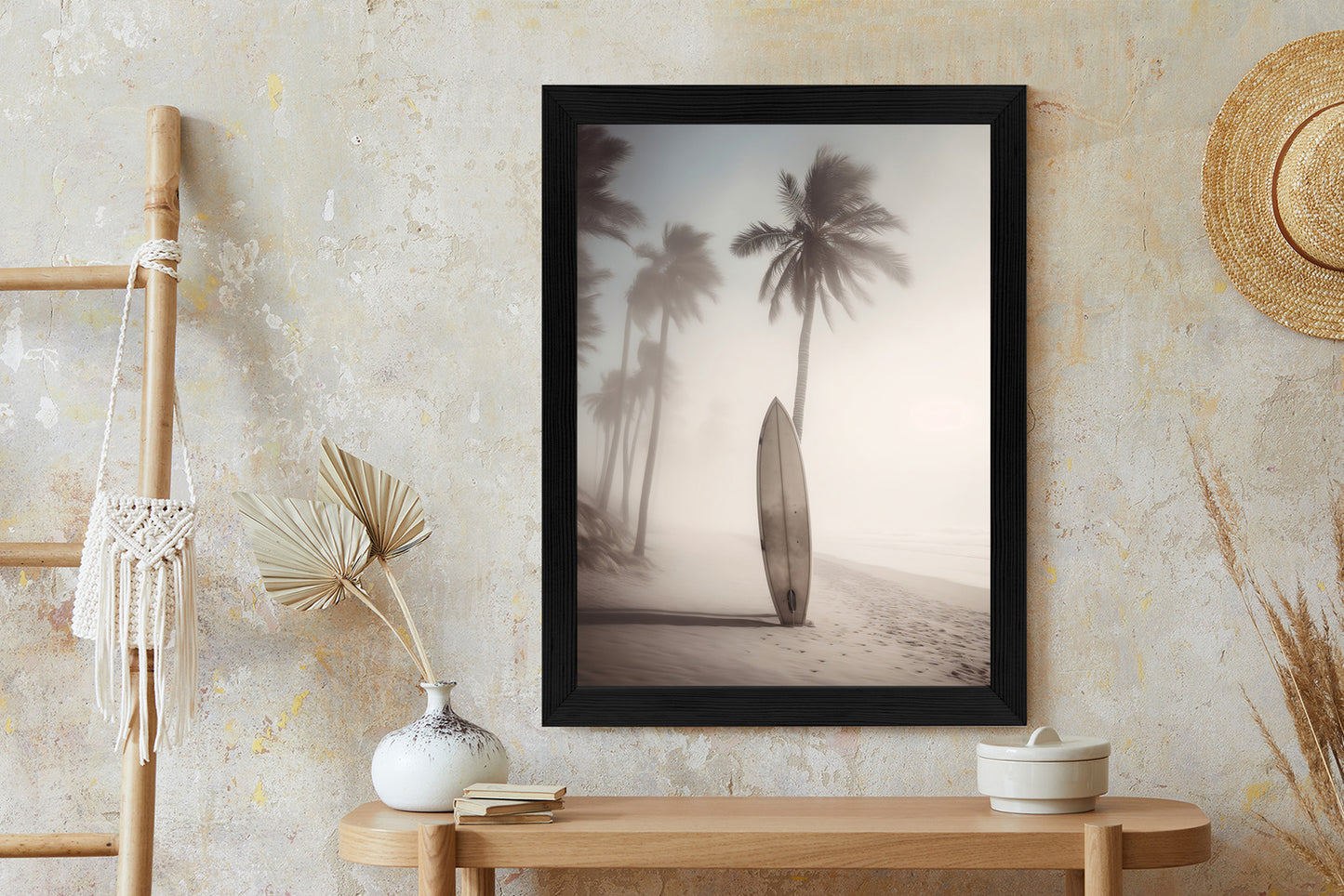 Poster Surfbrett Am Strand Mit Palmen Rahmen Holz Mit Passepartout Farbe Natürlich