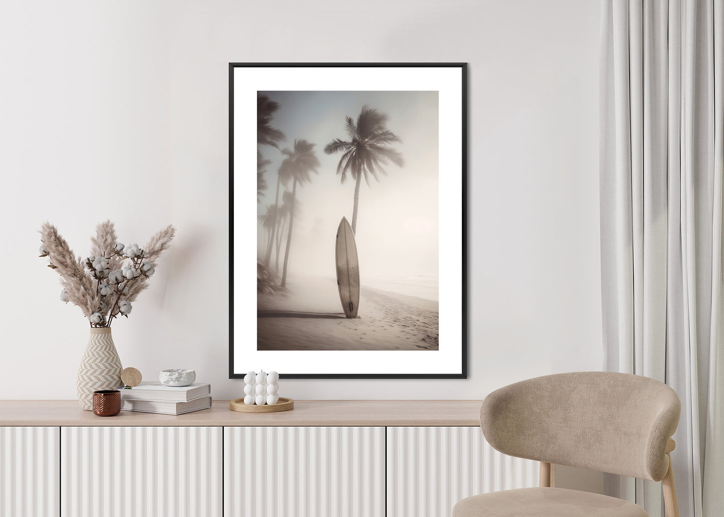 Poster Surfbrett Am Strand Mit Palmen Rahmen Holz Mit Passepartout Farbe Natürlich