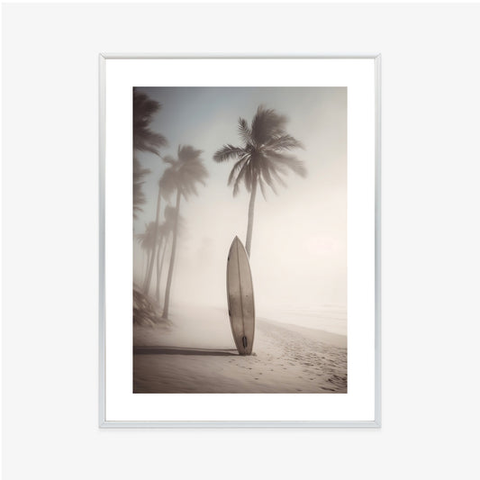 Poster Surfbrett Am Strand Mit Palmen Rahmen Holz Mit Passepartout Farbe Natürlich