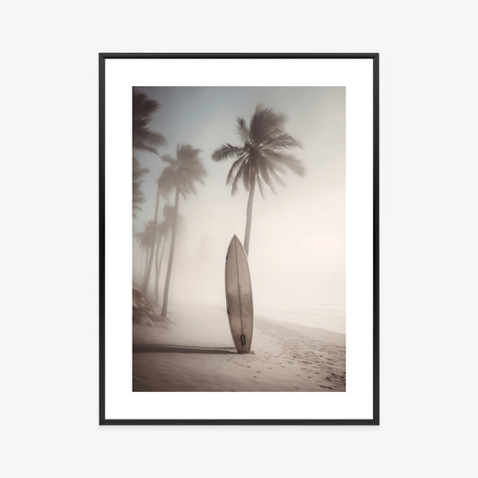 Poster Surfbrett Am Strand Mit Palmen Rahmen Holz Mit Passepartout Farbe Natürlich