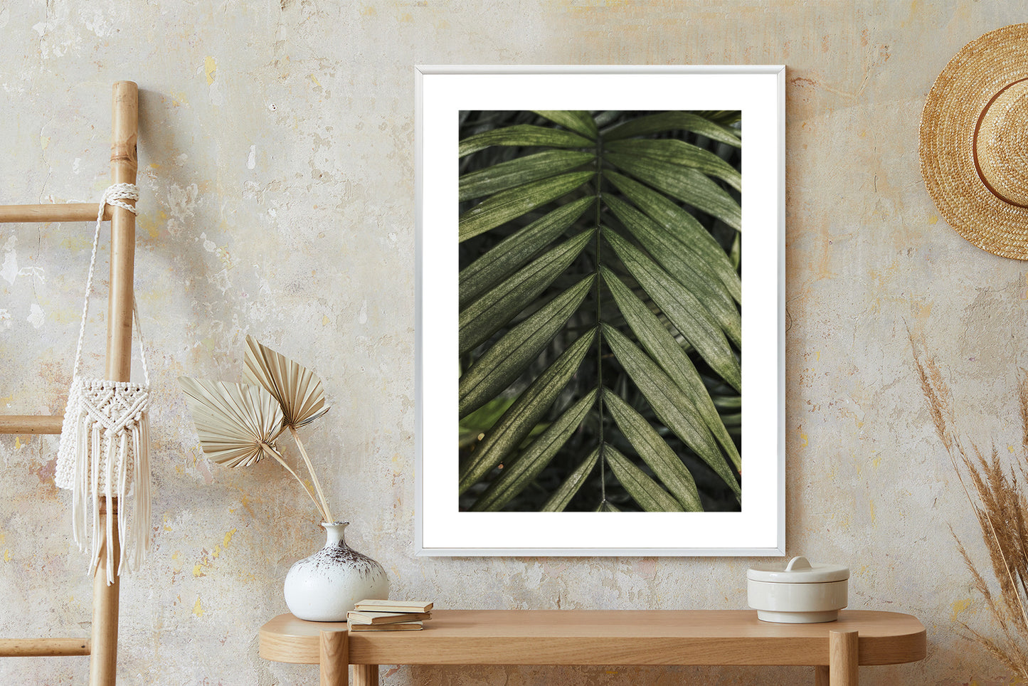 Poster Exotische Palmblätter Rahmen Hölzern Farbe Natürlich