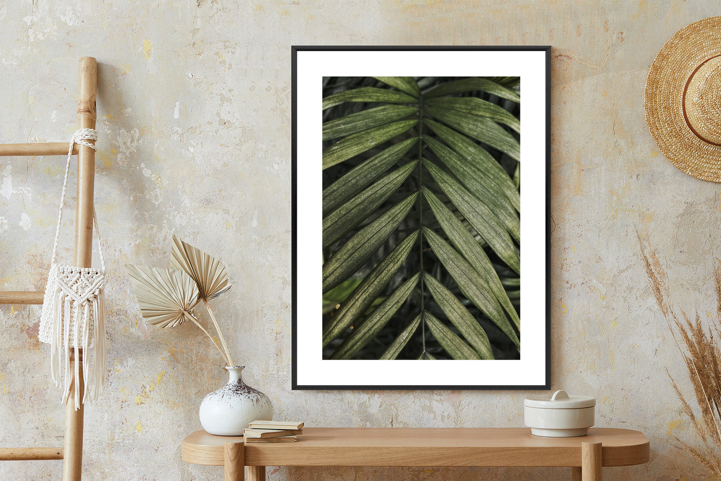 Poster Exotische Palmblätter Rahmen Hölzern Farbe Natürlich