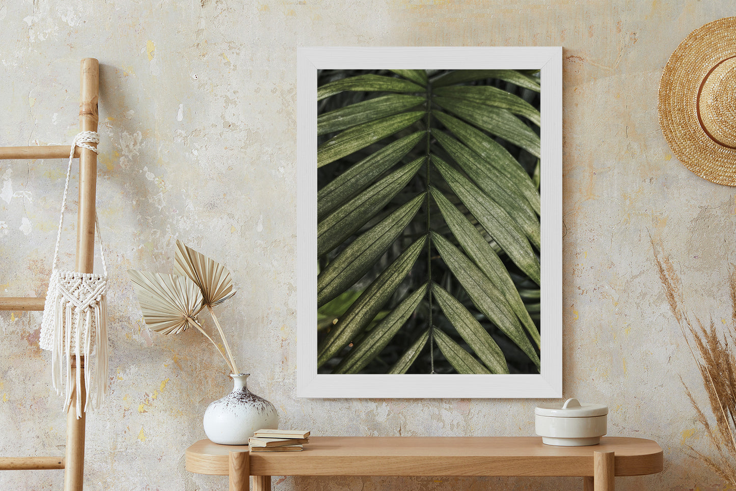 Poster Exotische Palmblätter Rahmen Hölzern Farbe Natürlich