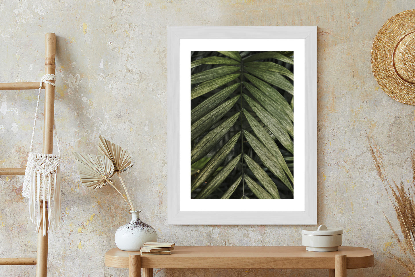 Poster Exotische Palmblätter Rahmen Hölzern Farbe Natürlich