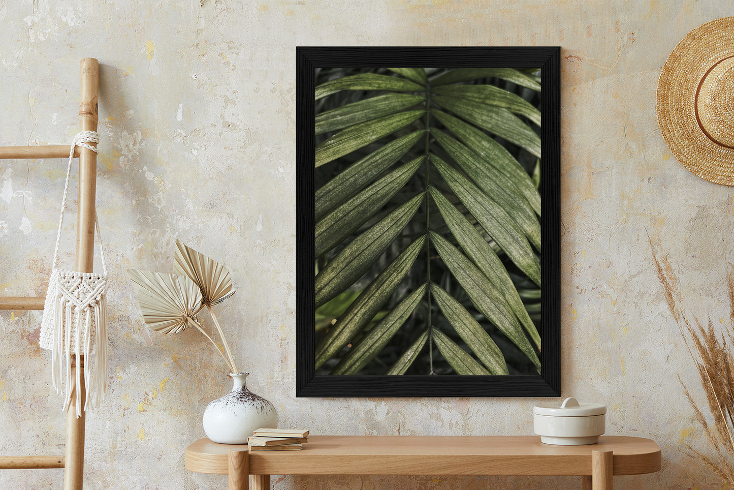 Poster Exotische Palmblätter Rahmen Hölzern Farbe Natürlich