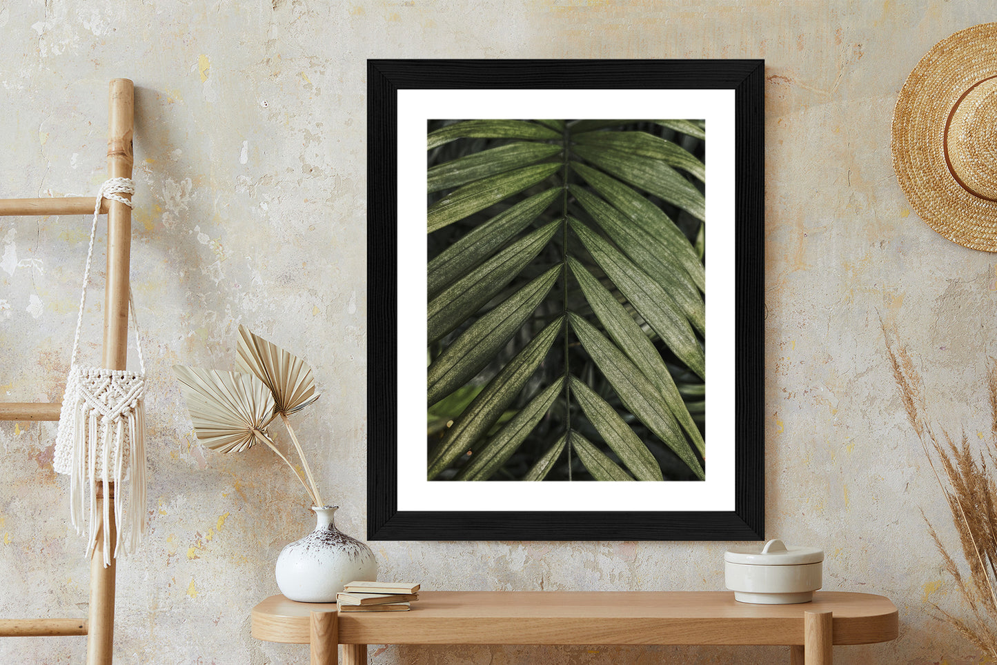 Poster Exotische Palmblätter Rahmen Hölzern Farbe Natürlich