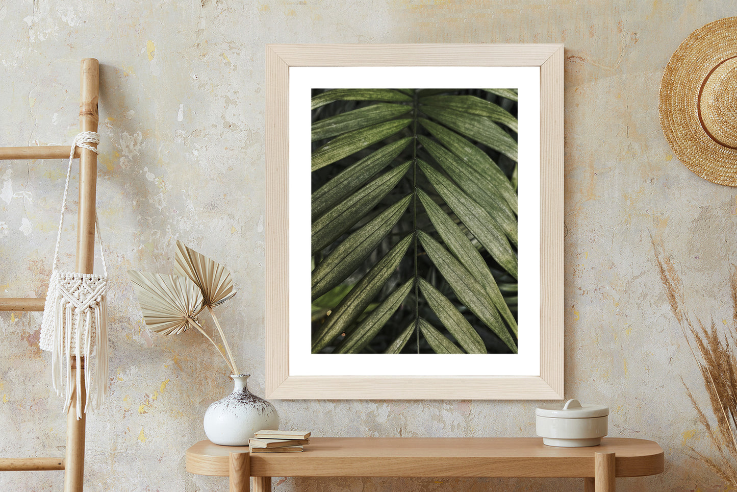 Poster Exotische Palmblätter Rahmen Hölzern Farbe Natürlich