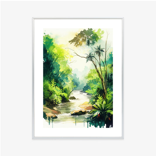 Poster Dschungel Aus Palmen Und Fluss Rahmen Holz Mit Passepartout Farbe Natürlich