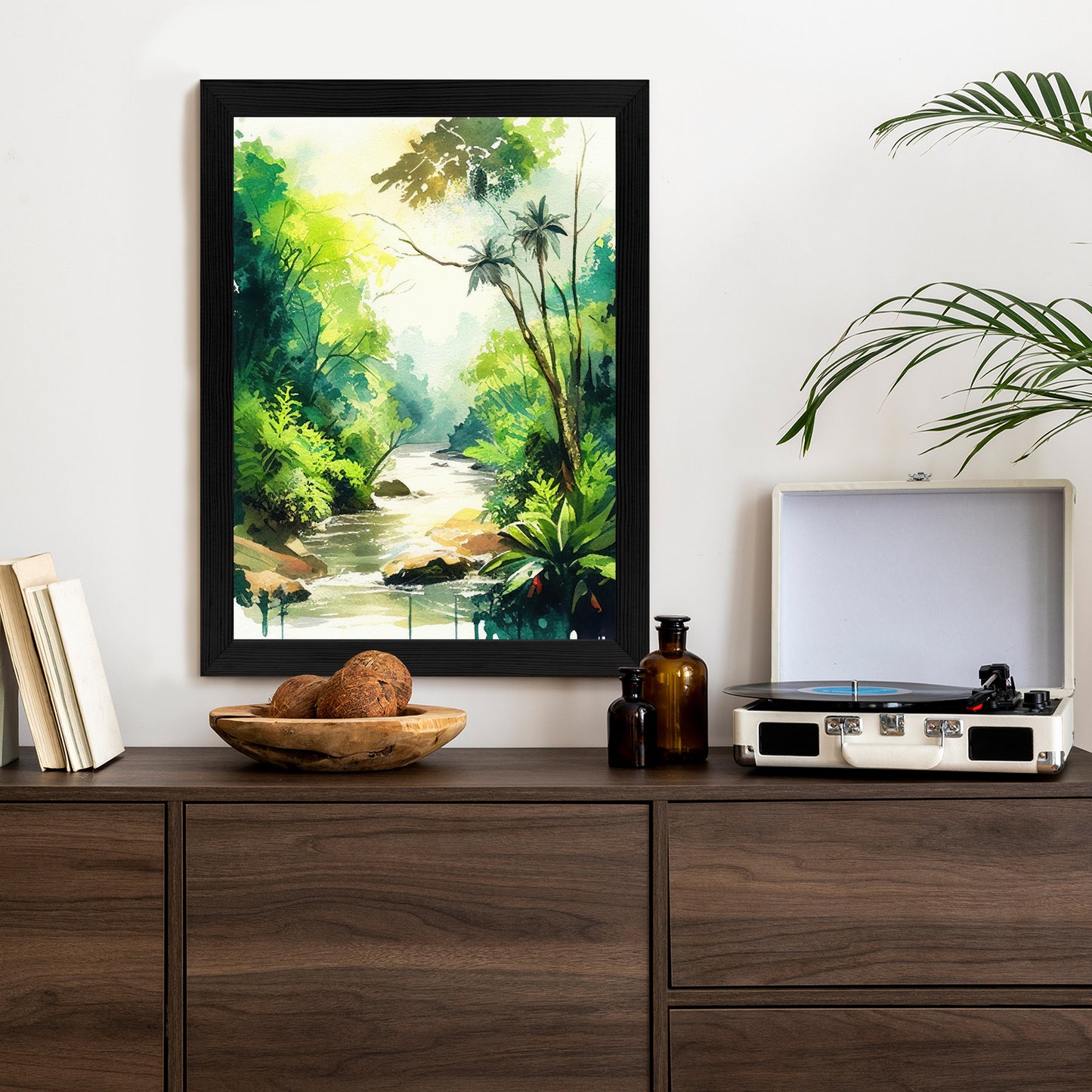 Poster Dschungel Aus Palmen Und Fluss Rahmen Holz Mit Passepartout Farbe Natürlich