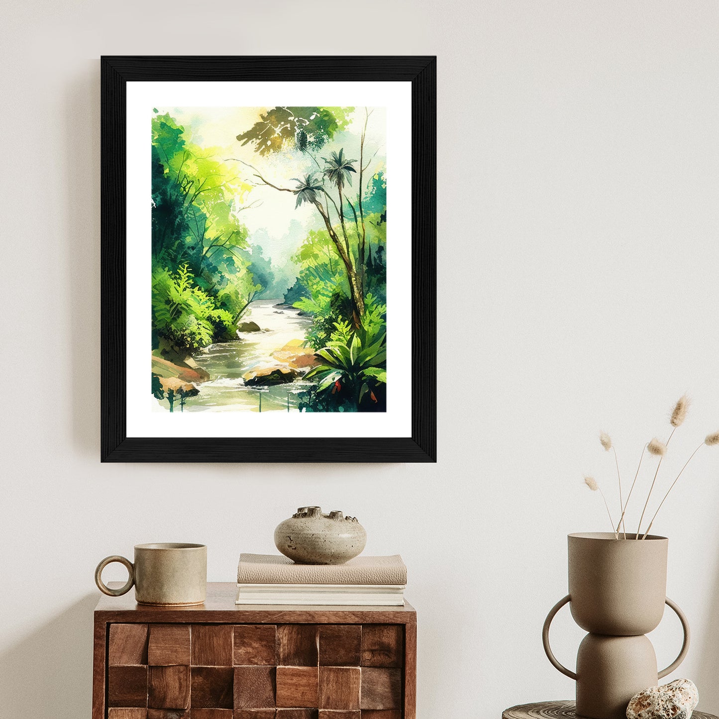 Poster Dschungel Aus Palmen Und Fluss Rahmen Holz Mit Passepartout Farbe Natürlich