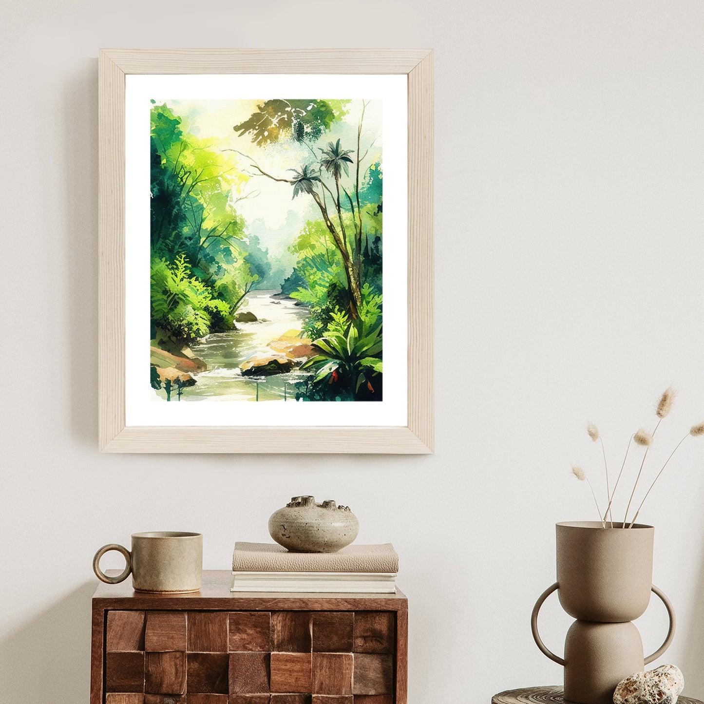 Poster Dschungel Aus Palmen Und Fluss Rahmen Holz Mit Passepartout Farbe Natürlich