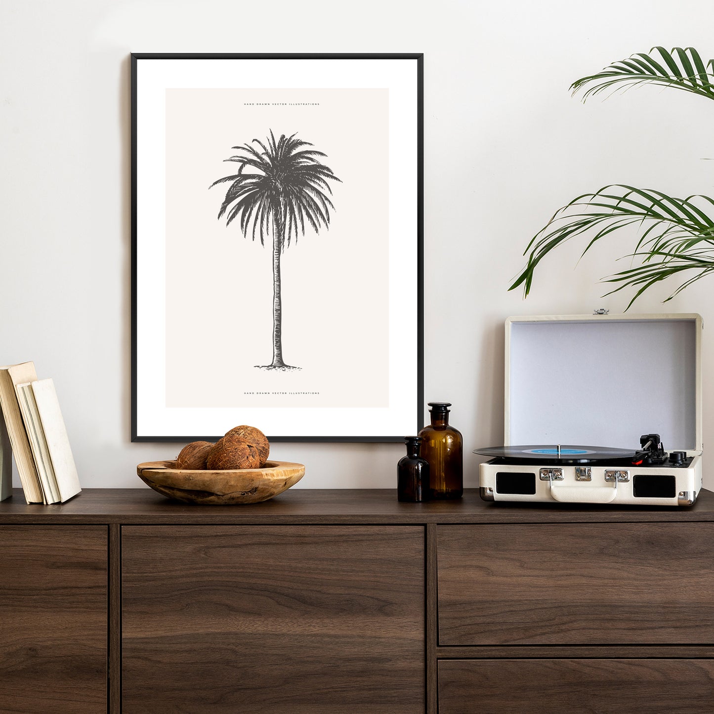 Poster Graue Vintage-Palmenillustration Rahmen Holz Mit Passepartout Farbe Natürlich