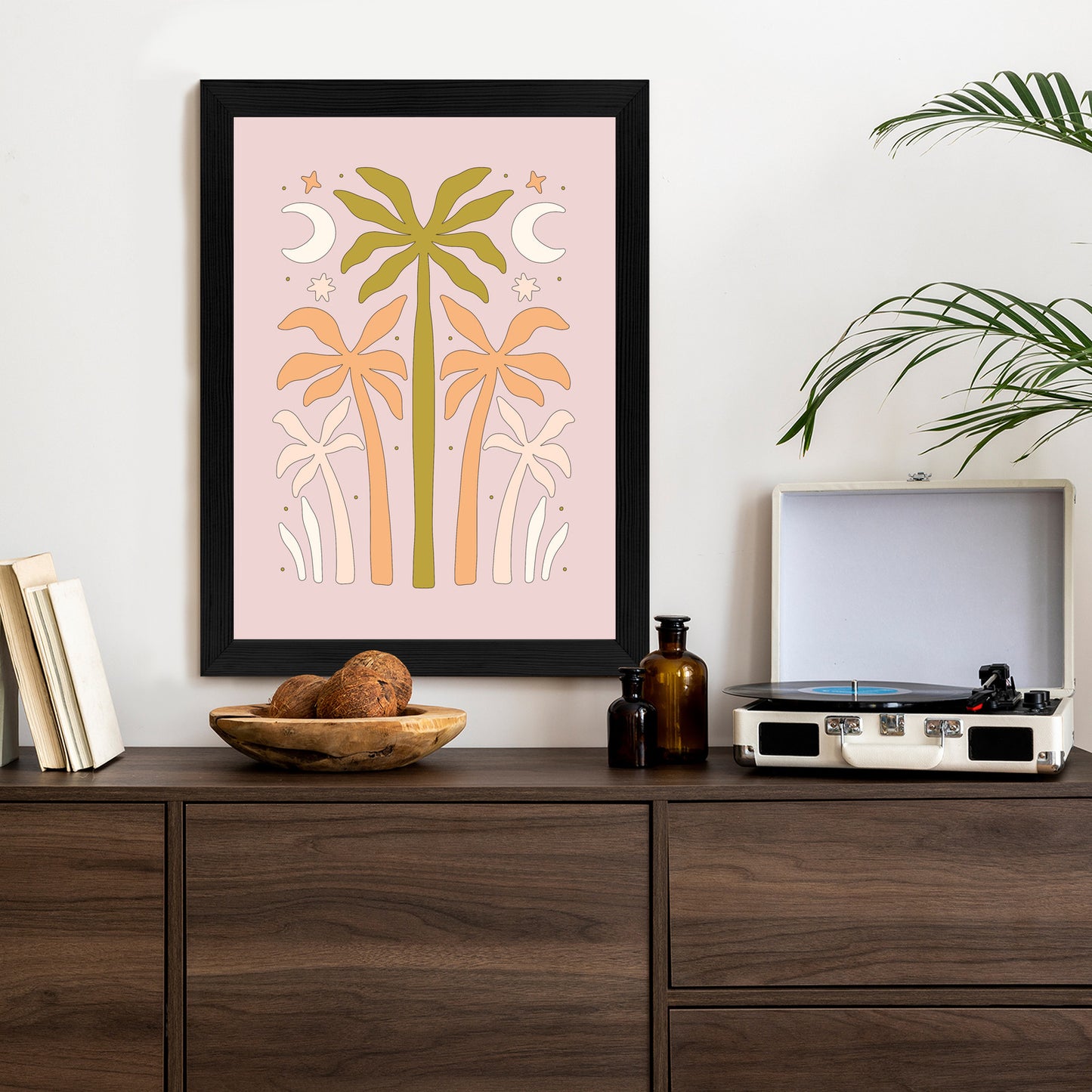 Poster Retro-Palmen Und Monde Rahmen Holz Mit Passepartout Farbe Natürlich