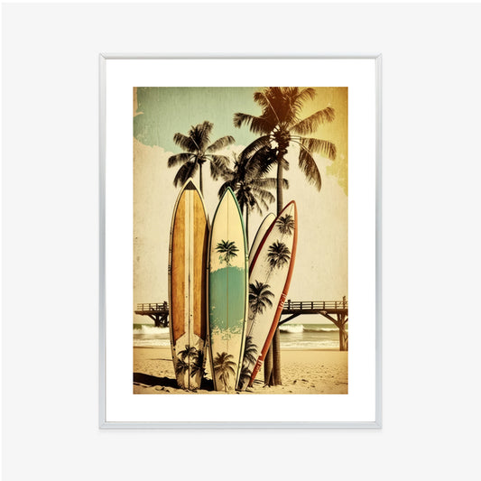 Poster Surfbretter Am Strand, Die Sich An Palmen Lehnen Rahmen Holz Mit Passepartout Farbe Natürlich