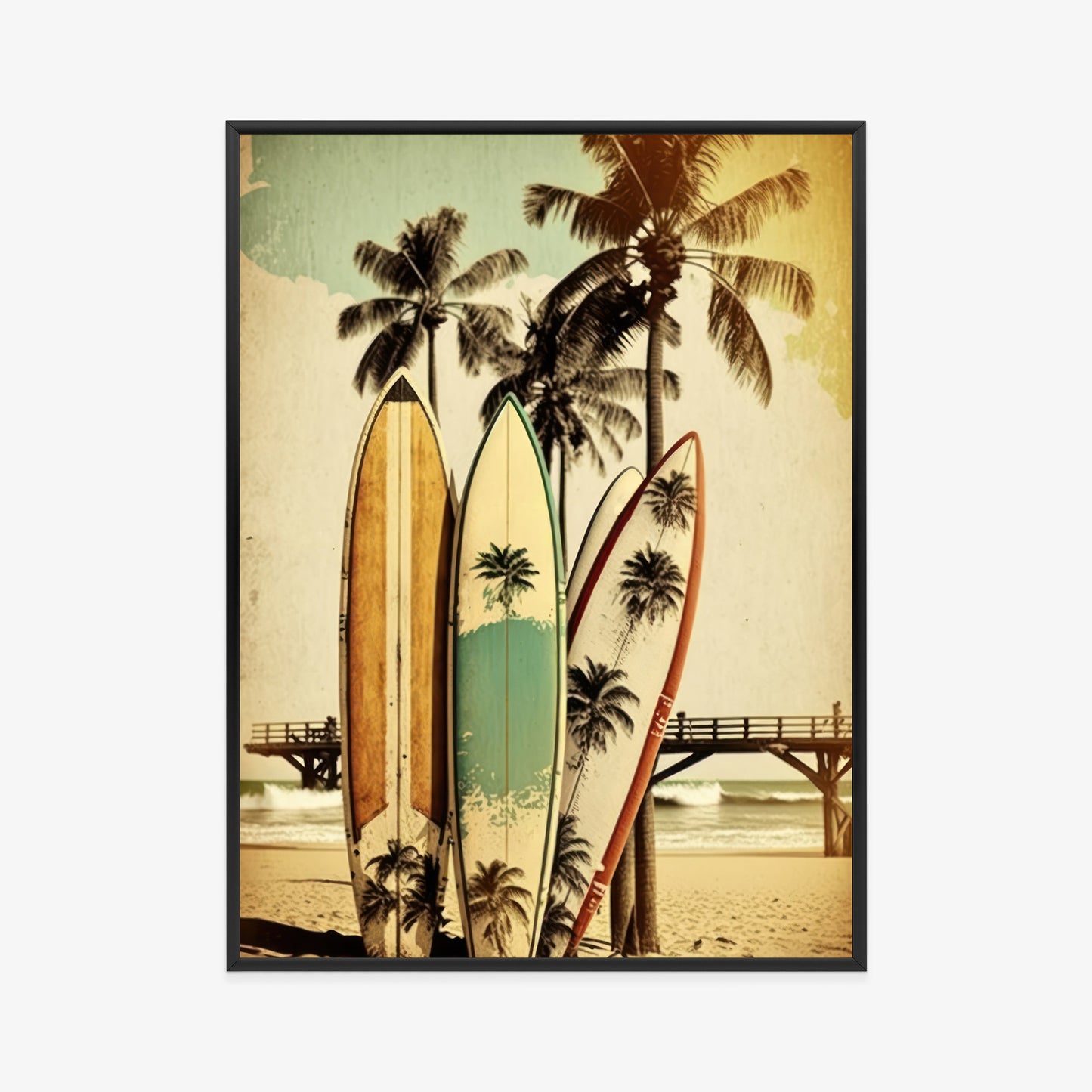 Poster Surfbretter Am Strand, Die Sich An Palmen Lehnen Rahmen Holz Mit Passepartout Farbe Natürlich