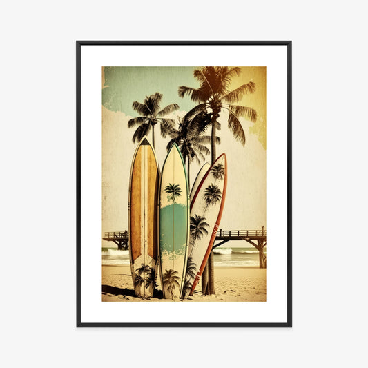 Poster Surfbretter Am Strand, Die Sich An Palmen Lehnen Rahmen Holz Mit Passepartout Farbe Natürlich