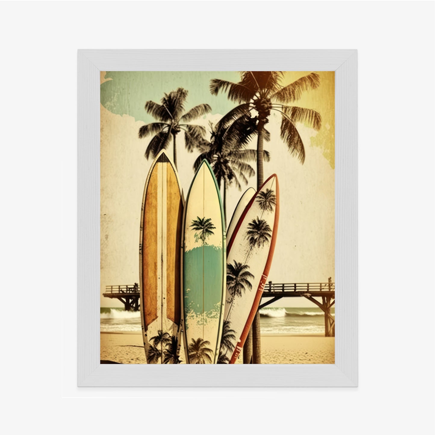 Poster Surfbretter Am Strand, Die Sich An Palmen Lehnen Rahmen Holz Mit Passepartout Farbe Natürlich