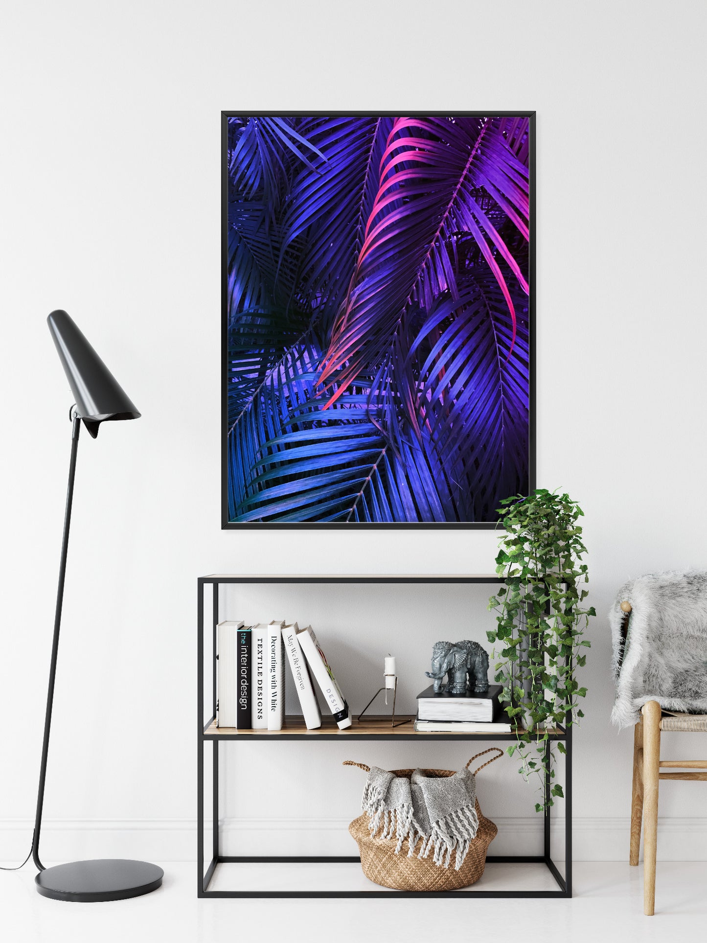 Poster Tropische Neonpalmenblätter Rahmen Holz Mit Passepartout Farbe Natürlich