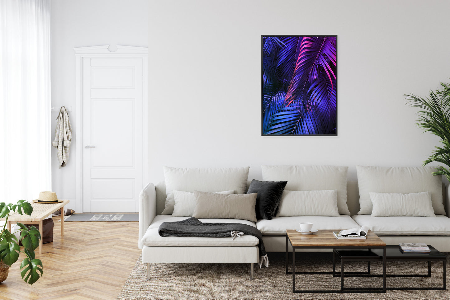 Poster Tropische Neonpalmenblätter Rahmen Holz Mit Passepartout Farbe Natürlich