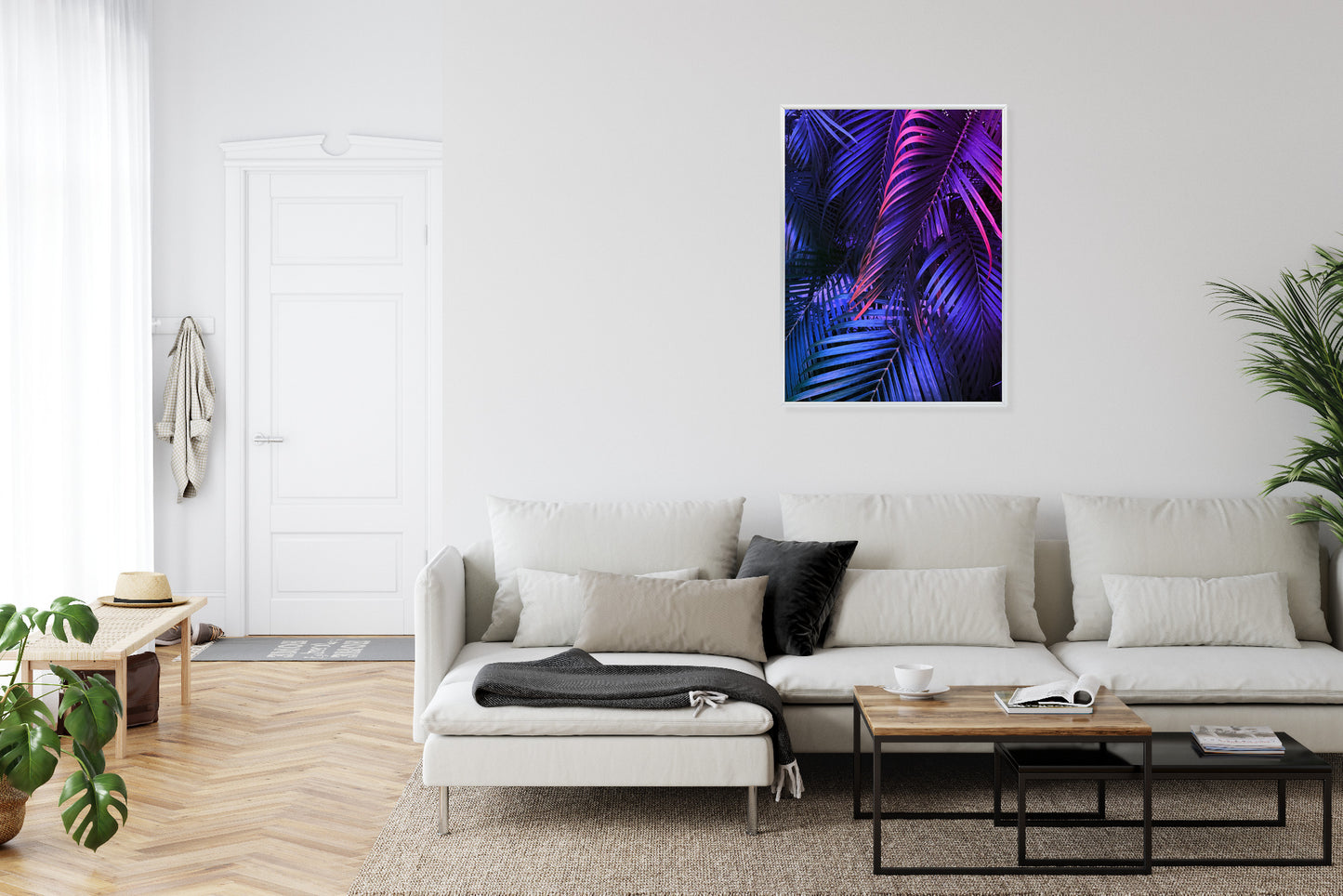 Poster Tropische Neonpalmenblätter Rahmen Holz Mit Passepartout Farbe Natürlich