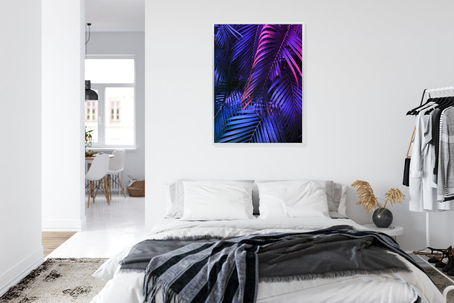 Poster Tropische Neonpalmenblätter Rahmen Holz Mit Passepartout Farbe Natürlich