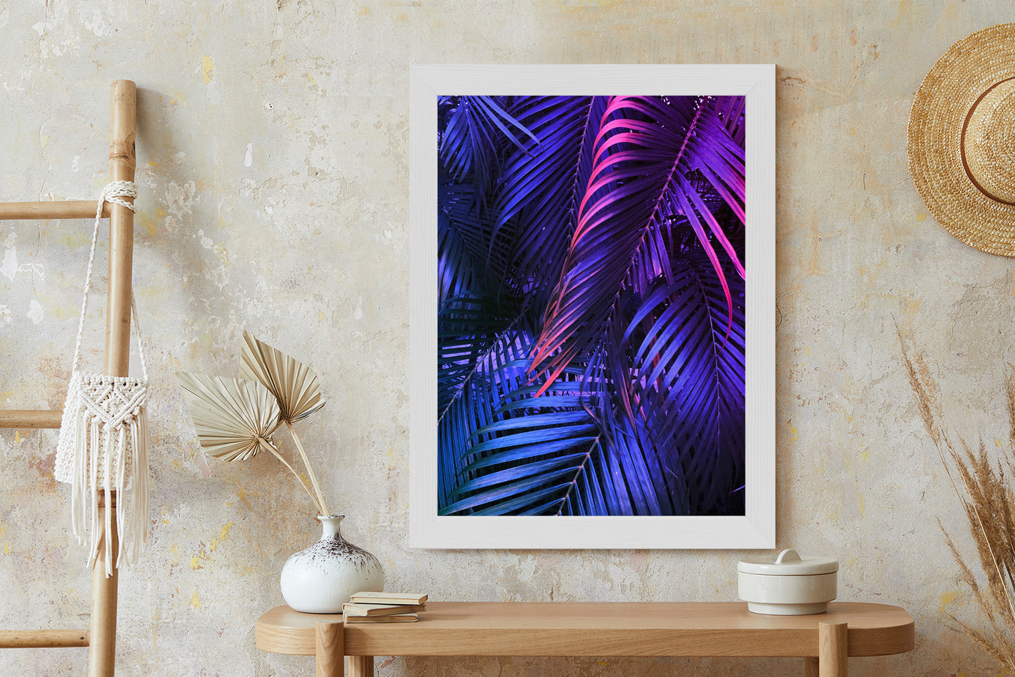 Poster Tropische Neonpalmenblätter Rahmen Holz Mit Passepartout Farbe Natürlich