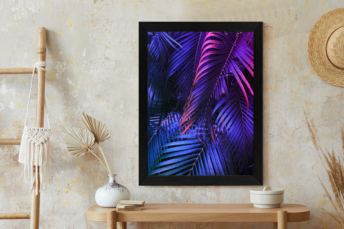 Poster Tropische Neonpalmenblätter Rahmen Holz Mit Passepartout Farbe Natürlich