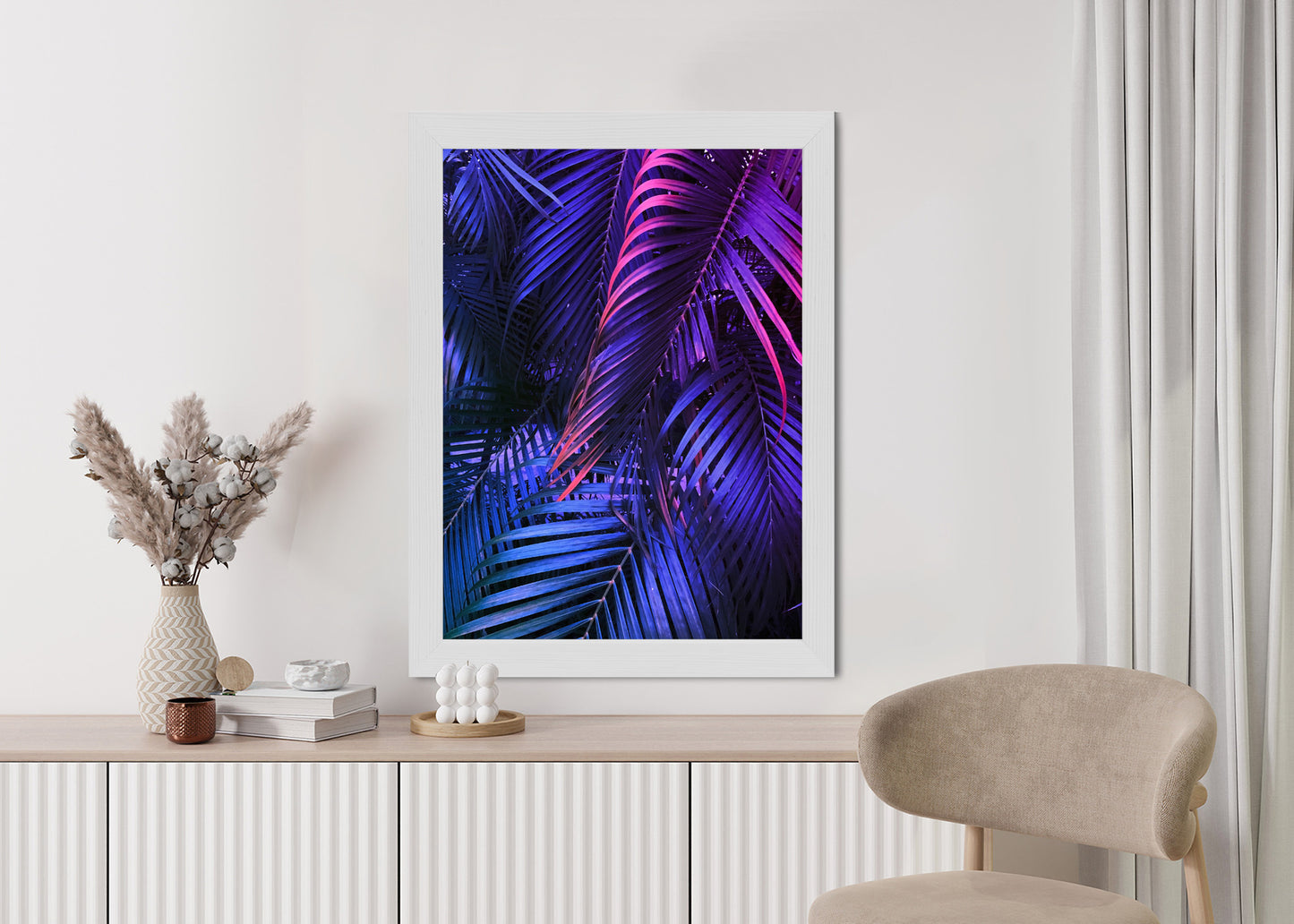Poster Tropische Neonpalmenblätter Rahmen Holz Mit Passepartout Farbe Natürlich