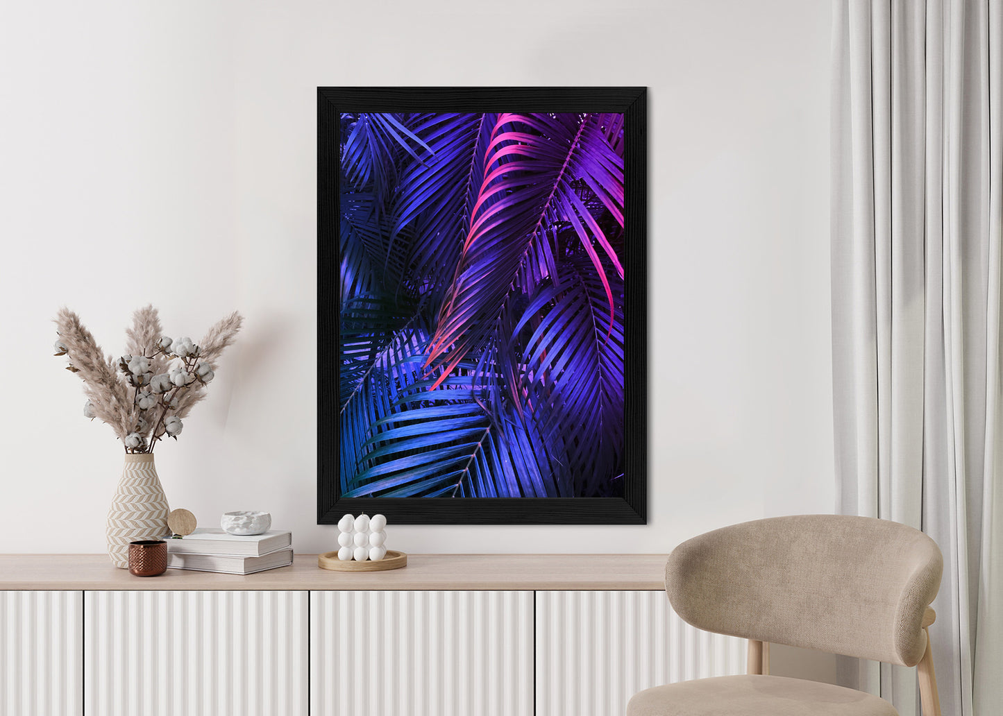Poster Tropische Neonpalmenblätter Rahmen Holz Mit Passepartout Farbe Natürlich