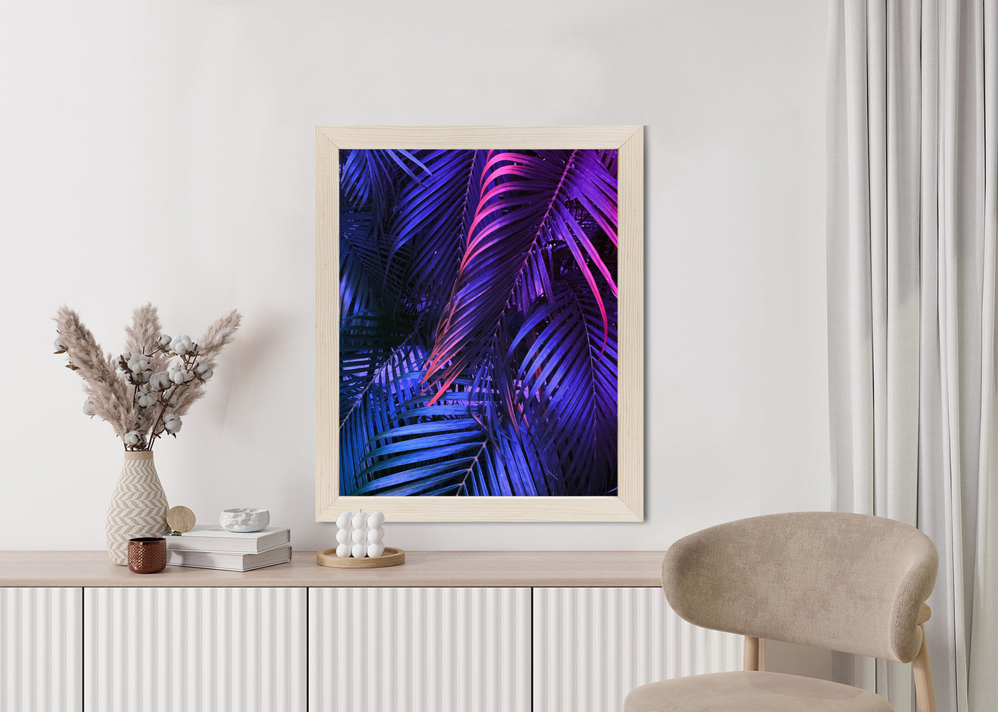 Poster Tropische Neonpalmenblätter Rahmen Holz Mit Passepartout Farbe Natürlich