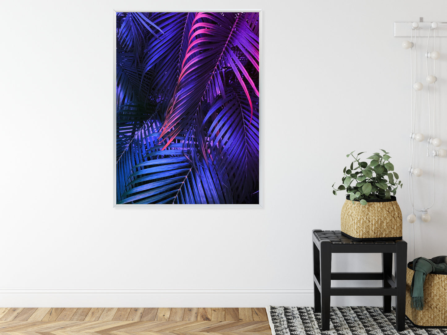 Poster Tropische Neonpalmenblätter Rahmen Holz Mit Passepartout Farbe Natürlich