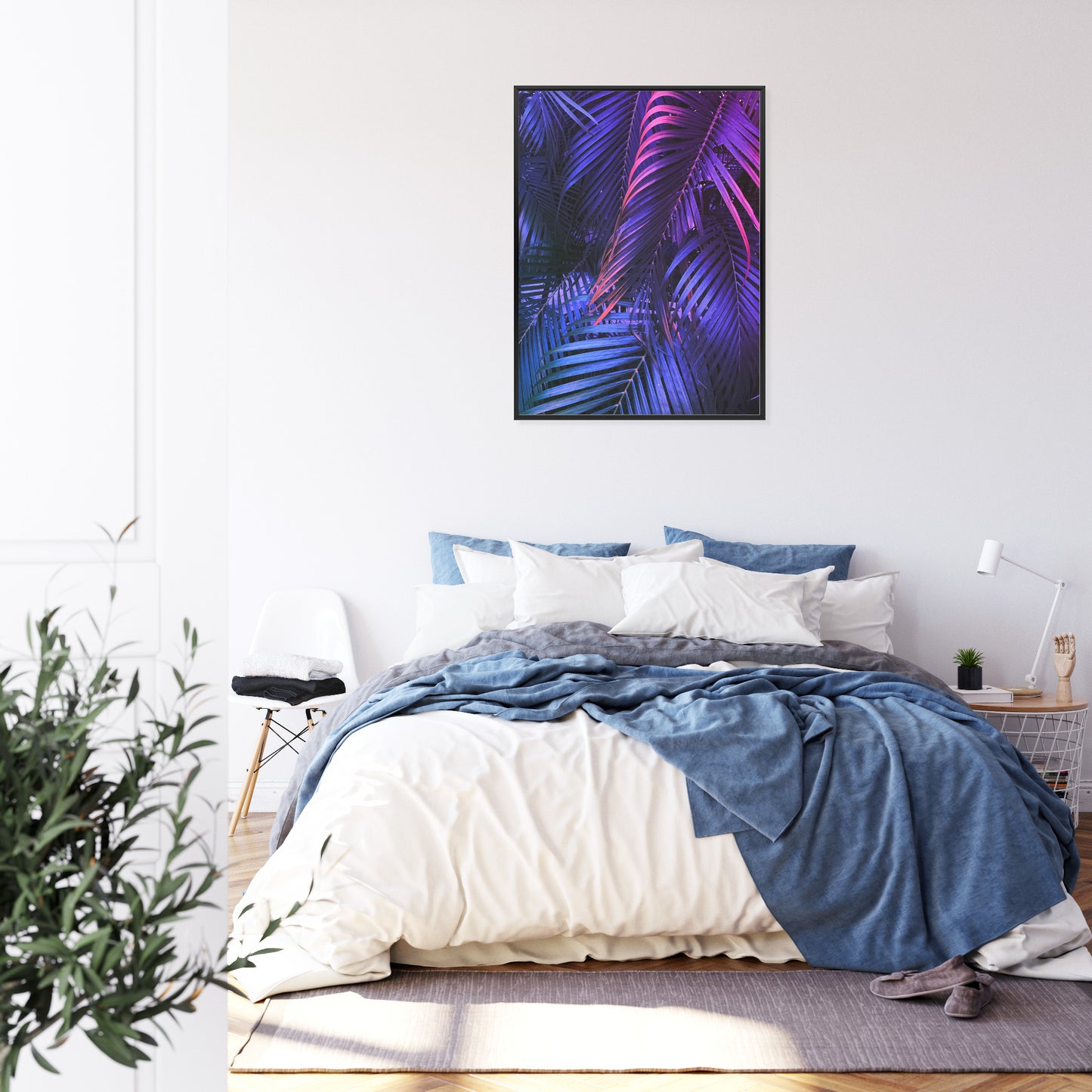 Poster Tropische Neonpalmenblätter Rahmen Holz Mit Passepartout Farbe Natürlich