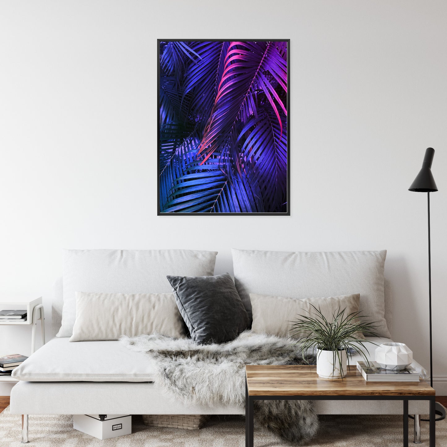 Poster Tropische Neonpalmenblätter Rahmen Holz Mit Passepartout Farbe Natürlich