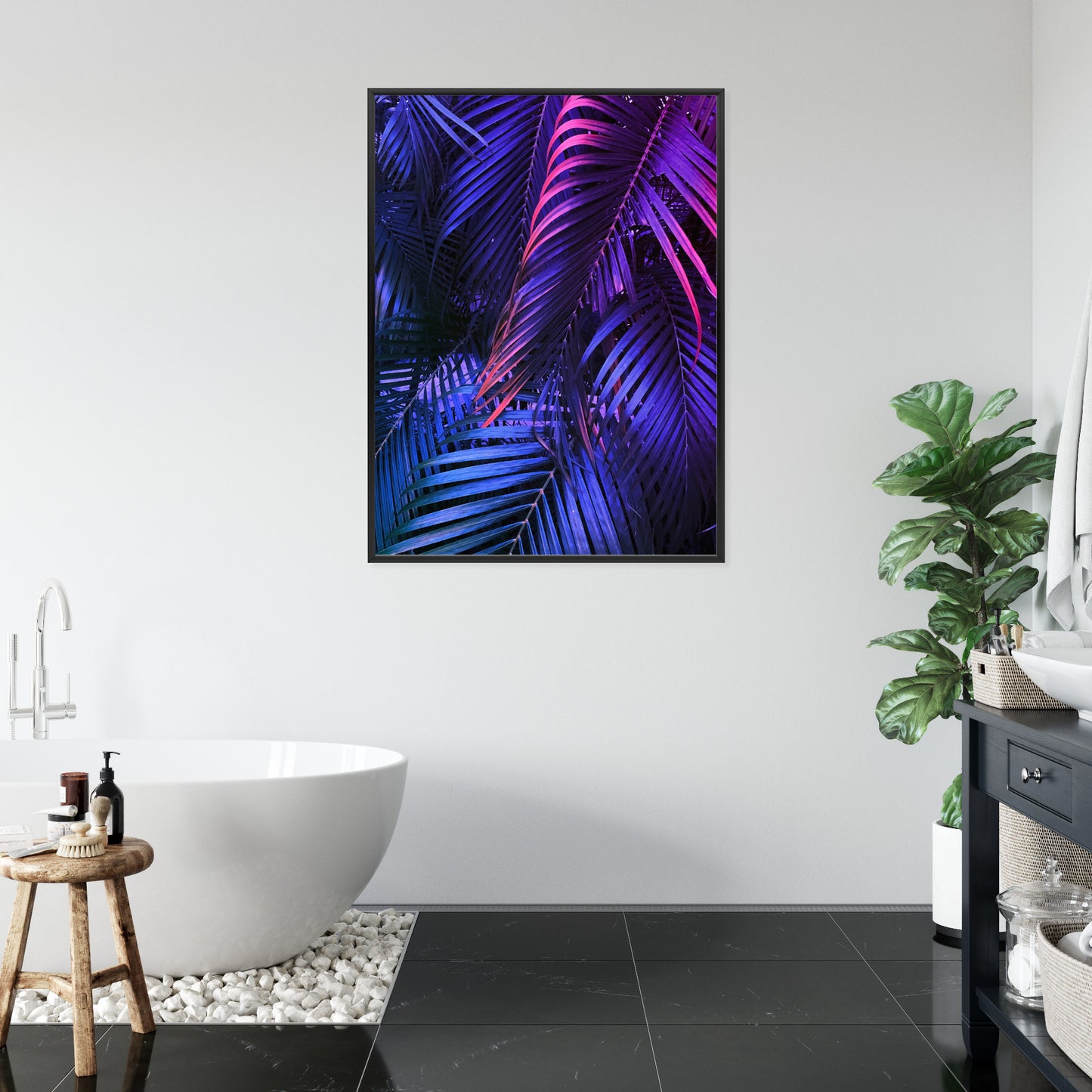Poster Tropische Neonpalmenblätter Rahmen Holz Mit Passepartout Farbe Natürlich