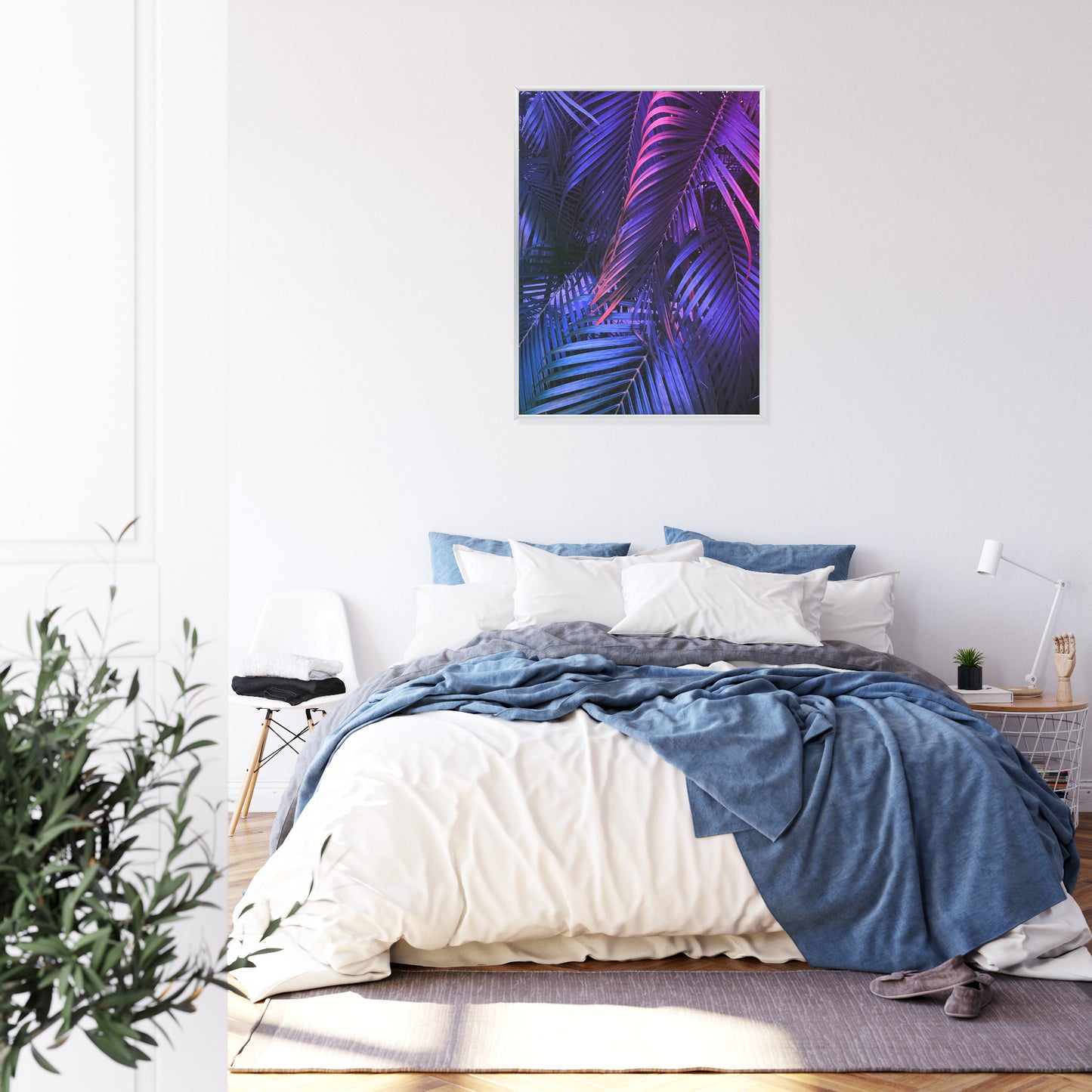 Poster Tropische Neonpalmenblätter Rahmen Holz Mit Passepartout Farbe Natürlich