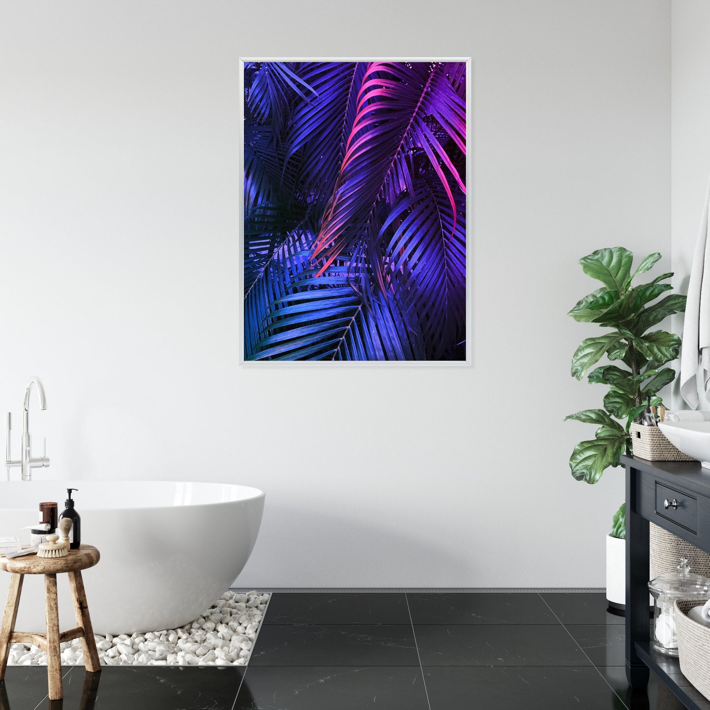 Poster Tropische Neonpalmenblätter Rahmen Holz Mit Passepartout Farbe Natürlich