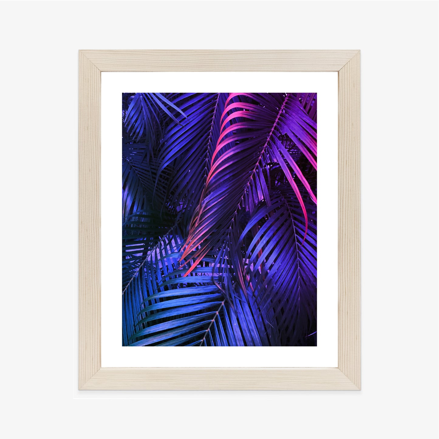 Poster Tropische Neonpalmenblätter Rahmen Holz Mit Passepartout Farbe Natürlich