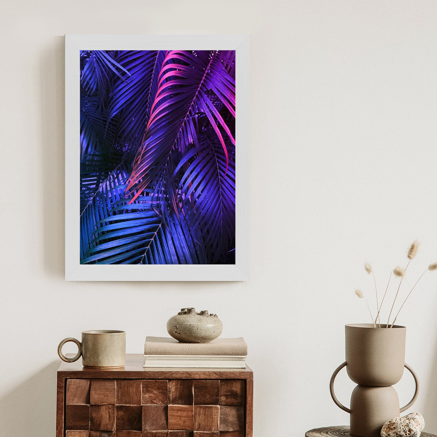 Poster Tropische Neonpalmenblätter Rahmen Holz Mit Passepartout Farbe Natürlich