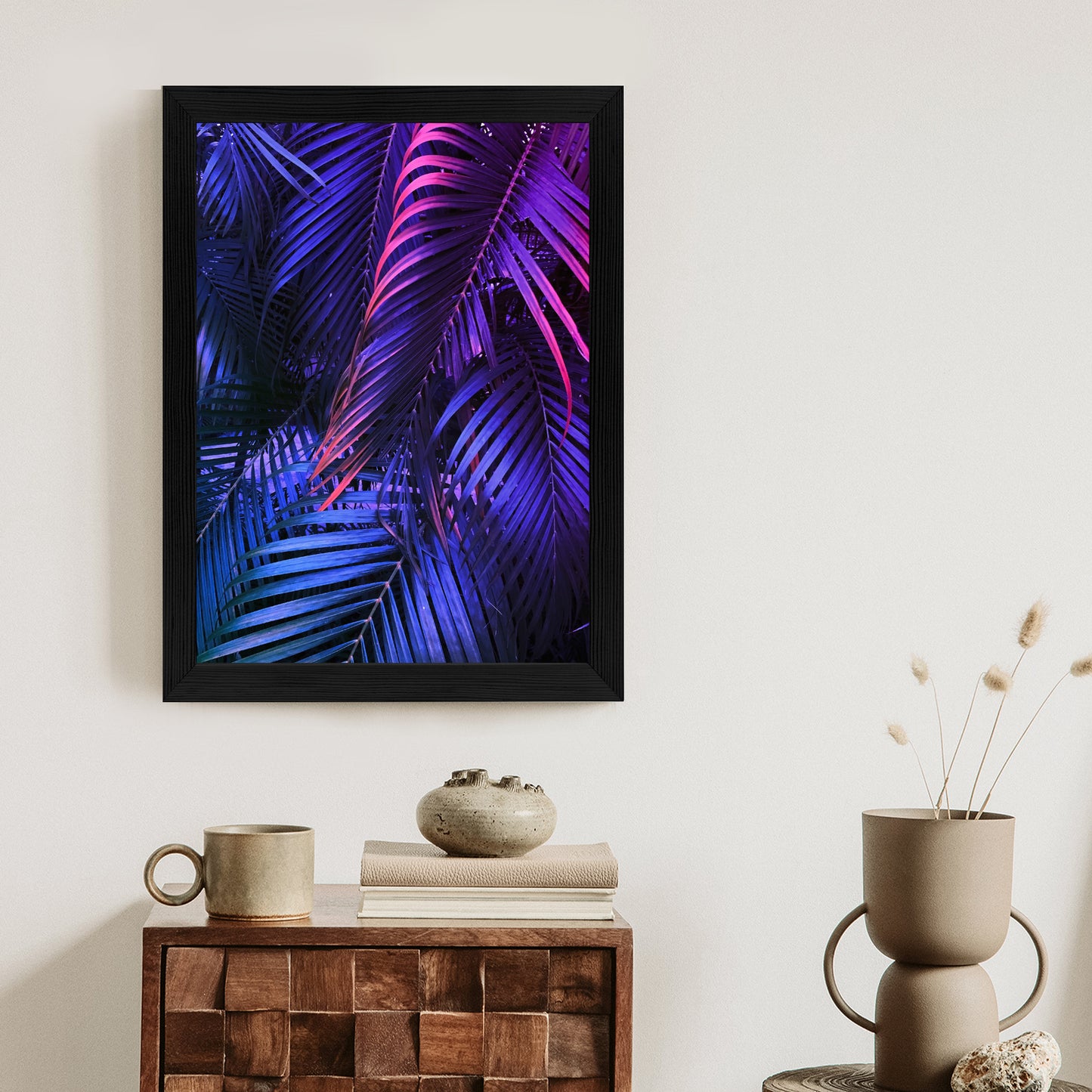 Poster Tropische Neonpalmenblätter Rahmen Holz Mit Passepartout Farbe Natürlich