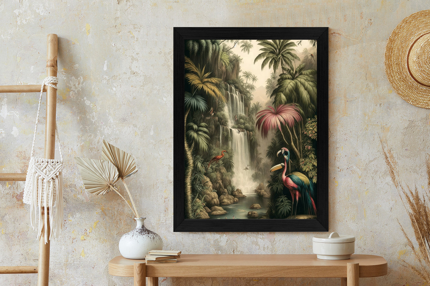 Poster Dschungelpalmen Und Tropische Tiere Rahmen Holz Mit Passepartout Farbe Natürlich