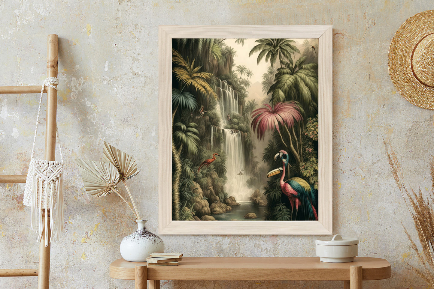 Poster Dschungelpalmen Und Tropische Tiere Rahmen Holz Mit Passepartout Farbe Natürlich